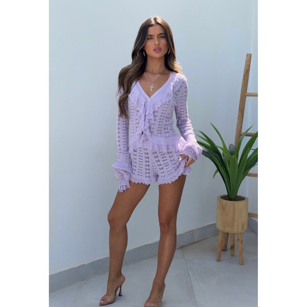Lola Rae Verde Ruffle Knit Cardigan and Shorts Co-Ord Set Lilac Purple S/M NWT